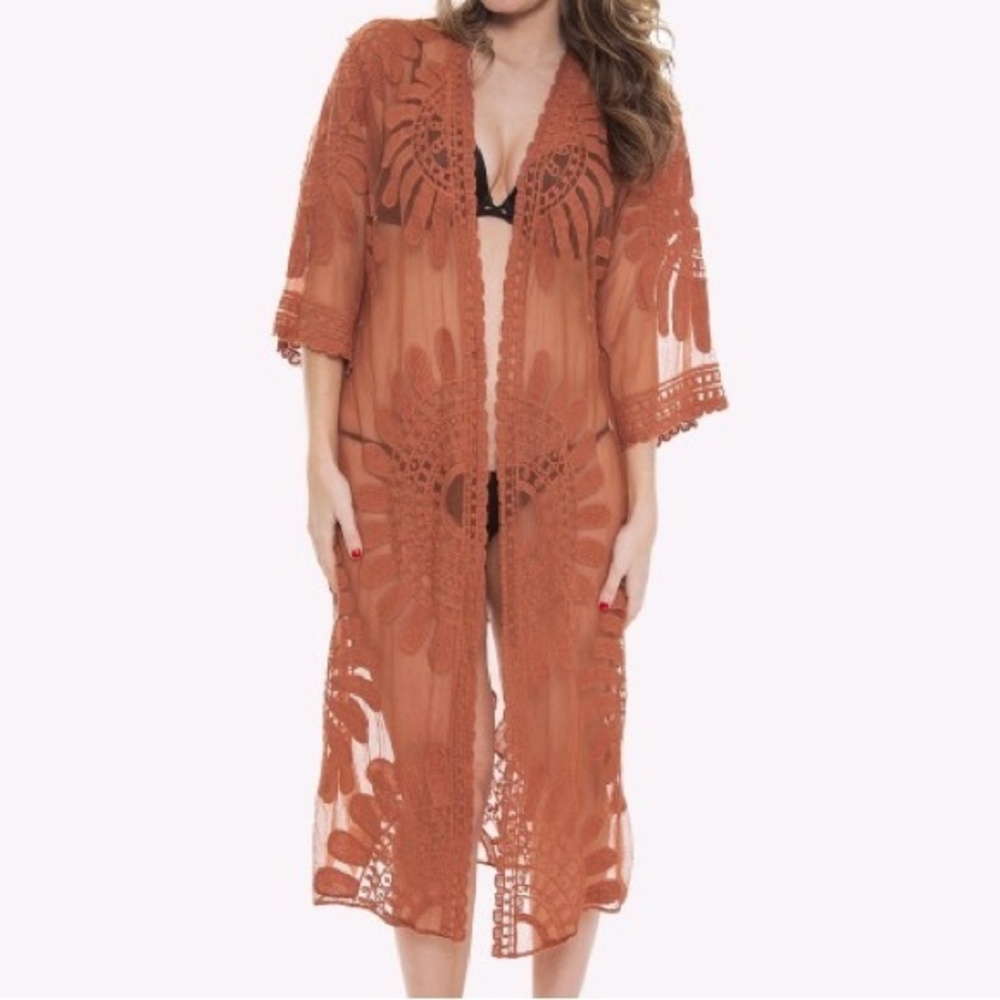 Style Apparel Women's Mesh Crochet Floral Embroidery Maxi Boho Beachy Kimono M
